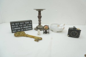 vintage Kodak Baby Brownie Special, candle stand, metal decorative key, globe pencil sharpener