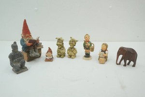 2 Hummel figures, 2 Tom Clark gnome figures, kneeling soldier from the Chinese Army, vintage Gideon reading gnome figure