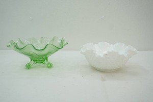milk glass hobnail ruffled edge Fenton bowl, vintage green uranium glass footed bowl in the stag and Holly pattern with ruffled rim