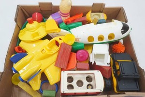 large group of toys including Little Tykes, Fischer price, wood building blocks and more