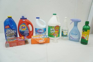 assortment of cleaning supplies not all are completely full