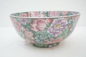 vintage porcelain decorative bowl featuring a dense, hand painted floral pattern 12 diameter