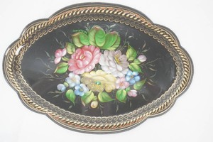 vintage Russian metal serving platter hand painted by Romanovskaya 12 12 wide