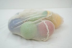 vintage wood Bocce Ball set in mesh carry bag
