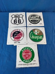 Vintage 1950s miniature metal railroad and highway sign, Reproductions