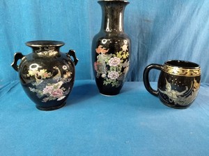 Vintage black ceramic or porcelain pieces made in Japan