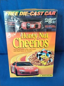 Vintage 2001 Honey Nut Cheerios cereal box featuring a promotional Dodge Countdown Daytona Die-Cast Car #19.