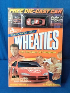 Vintage 2001 Wheaties Breakfast of Champions cereal box featuring NASCAR driver Bill Elliott
