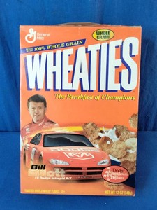 Vintage General Mills Wheaties cereal box featuring NASCAR driver Bill Elliott and his No. 9 Dodge Intrepid RT.