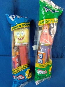 Two sealed PEZ Candy Dispenser bags featuring SpongeBob SquarePants and Patrick Star.