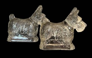 K - Vintage Glass Scottish Terrier Figurines Matching Pair Candy Dish
