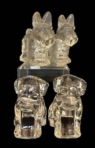 K - Two Vintage Glass Dog Figurine Candy Dishes including a Vintage Pair of Scottish Terrier Figurines