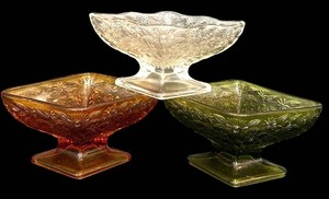 K - Vintage Indiana Glass Co. Pineapple & Floral Pedestal Compote Bowls - Clear, Green & Amber Trio