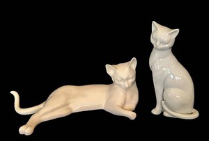 K - Ceramic Cat Figurines - White Glazed Reclining & Seated Cats (Lot of 2)