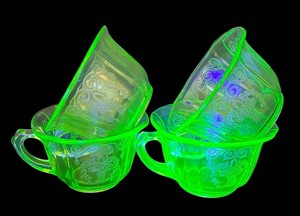 K - Depression Glass Cups - Lorain Beautiful Basket Pattern Uranium Green (Lot of 5)