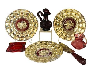 O - Glass Tableware Mixed Lot - Gold-Tone Plates, Cruet & Serving Pieces