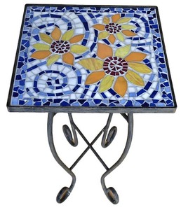 K - Mosaic Tiled Plant Stand - Floral Design Black Metal Base