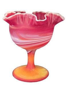 K - Ruffled Glass Pedestal Dish - Swirled Cranberry & Orange