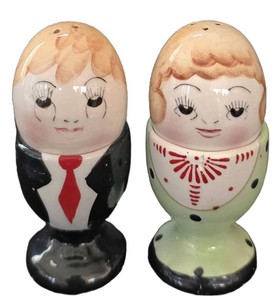 K - Salt and Pepper Shakers - Vintage Mr. & Mrs. Egghead Japan (Lot of 2)