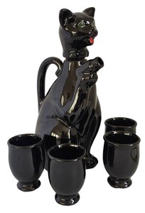 K - Vintage Black Cat Teapot Set With 4 Cups - 5-Piece