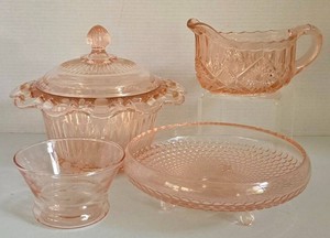 K - Pink Depression Glass Serving Pieces - Covered Dish & More (Lot of 4)