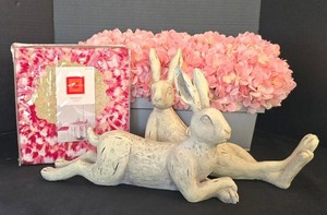 K - Home Decor Mixed Lot - Pier I Rabbits, Floral Planter & Tablecloth