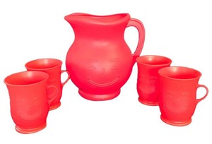 K - Vintage Plastic Pitcher & Mugs - Kool-Aid Smiley Face Set (Lot of 5)