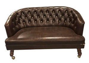 G - Vintage Bertolini Tufted Brown Leather Loveseat Settee with Nailhead Trim and Casters