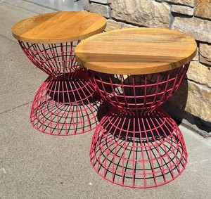 G - Two Red Metal Hourglass Accent Tables with Wooden Tops