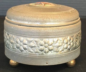 O - Vintage Powder Puff Music Box - Ornate Floral Relief