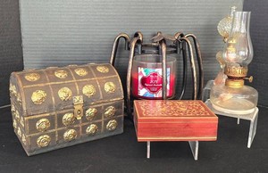 K - Candle Holder, Marshall Fields Trunk & Oil Lamps Mixed Lot - 5 Pieces