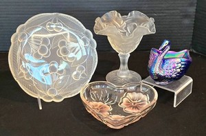 K - Vintage Glassware Mixed Lot - Fenton Compote, Cherry Plate, Heart Dish & Swan (Lot of 4)