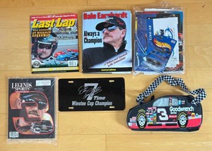 LR - Dale Earnhardt NASCAR Memorabilia Mixed Lot - Magazines, Handbag & Plate