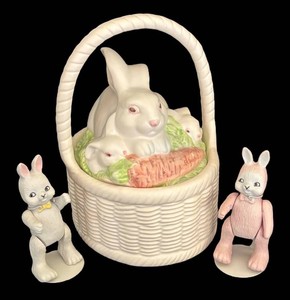 LR - Fitz & Floyd Easter Bunny Basket and Two Flambro Bunny Figurines
