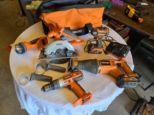 Ridgid 18V Power Tool Set with Charger, Drill, Flashlight, Circular Saw, Reciprocating Saw, Impact Driver, and Accessories -  Works - 3 Total Batteries