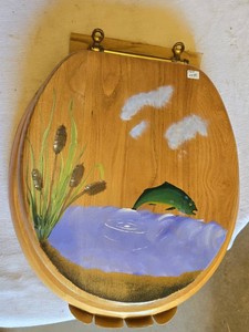 Hand-Painted Wood Toilet Seat with Fishing Scene
