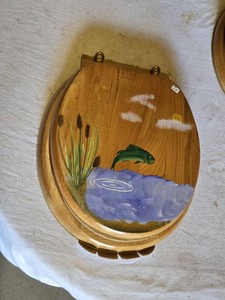 Solid Oak Painted Toilet Seat with Fishing Scene
