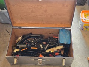 Lot of Automotive Tools and Accessories including Car Scissor Jacks, Funnels, and Caulking Gun