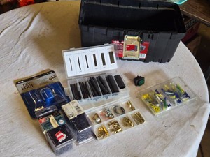 Husky Tool Box with Various Hardware and Accessories including Decorator Chain, Screws, Anchors, and DIY Edge Tool