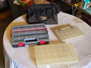 Black & Decker Tool Bag, Hyper Tough Organizer, and Plano Storage Boxes