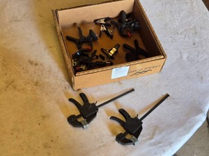 Box of Small Woodworking and Spring Clamps