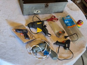 Lot of Hot Glue Guns including Craftsman Tool Box, Glue Sticks