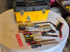 Yellow Tool Box with Assorted Tools including Stanley Tape Measures, Screwdrivers, Files, and Scraper