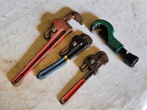 Vintage Pipe Wrenches and Cutter Set including Ridgid, Rothenberg, and Mini Pipe Wrenches