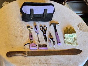 Lot of Tools and Gardening Items including Adjustable Wrench, Scissors, Screwdriver Set, Hammer, Gloves, and Machete