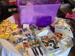 Craft Supplies Lot including Paint Brushes, Glue Guns, and Accessories