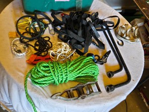 Variety of Utility Gear including Ratchet Straps, Ropes, Bungee Cords, and Tire Irons