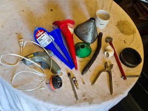 Hyper Tough Funnels, Hot Glue Gun, PVC Fittings, and Wrench