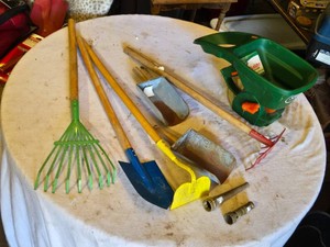 Various Garden Tools Small Shovel, Rake, Hoe, Fertilizer Spreader, and Hose Nozzles
