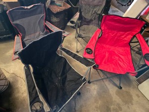 Camping chairs including red, black, and gray models - 2 will need to have the arm cloth reattached